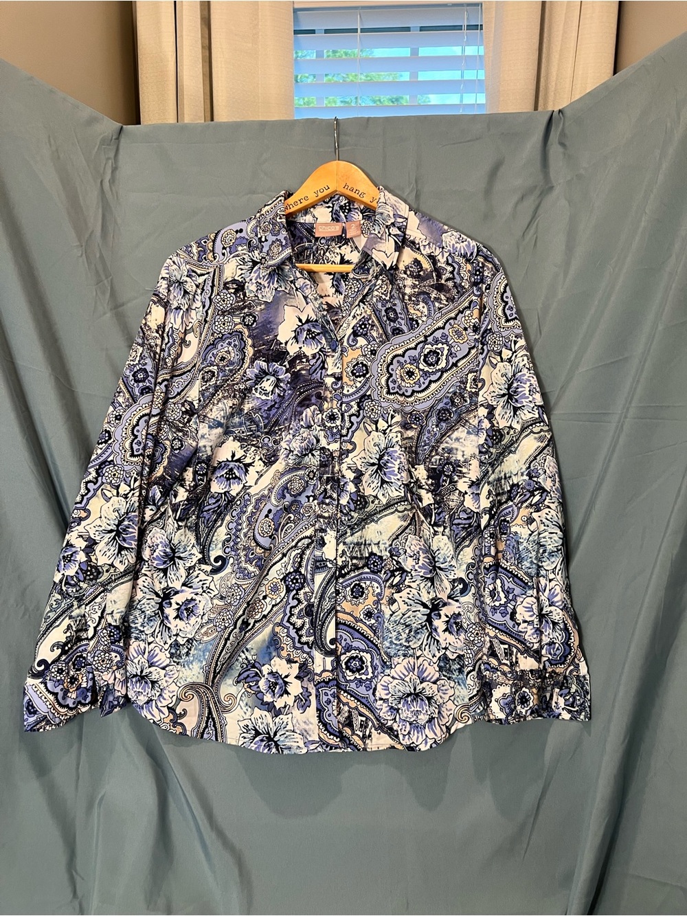 Chico's Blue and White Paisley Floral Button-Up Blouse